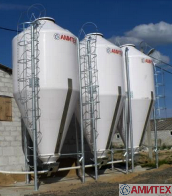 Бункер из стеклопластика 15 м3 (9т), высотой 5,98 м, Ø 2,4 м с возможностью пневмозагрузки, открытия с земли, лестницей с обручами